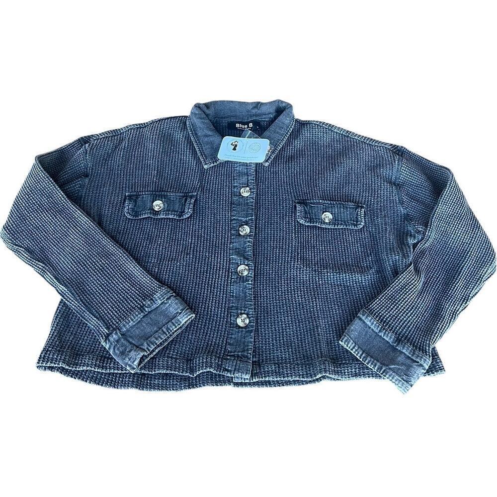 Blue B black weathered look, waffle button down jacket, women's M